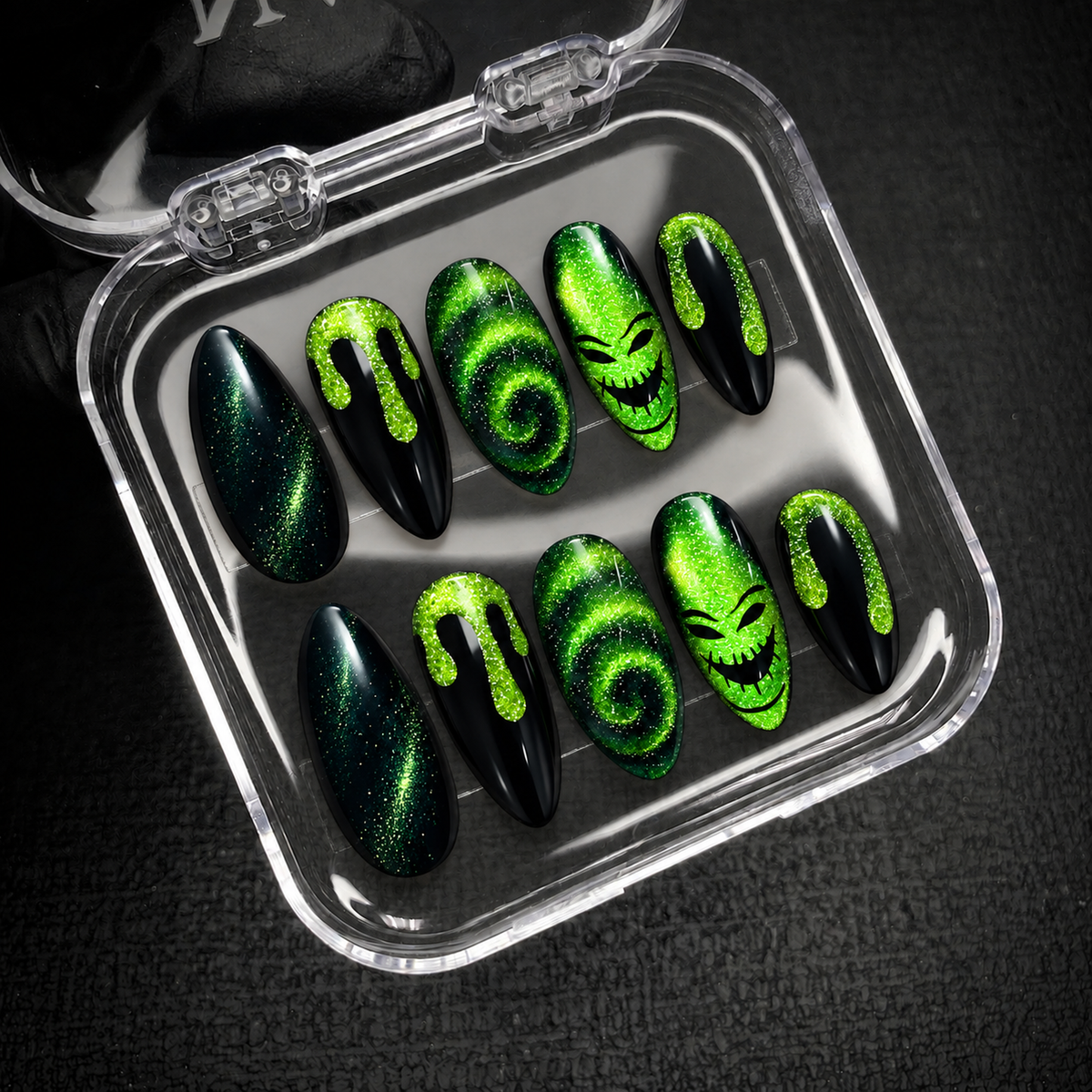 Open Nail Handy package presentation for the Neon Slime Spell press-on nail set.
