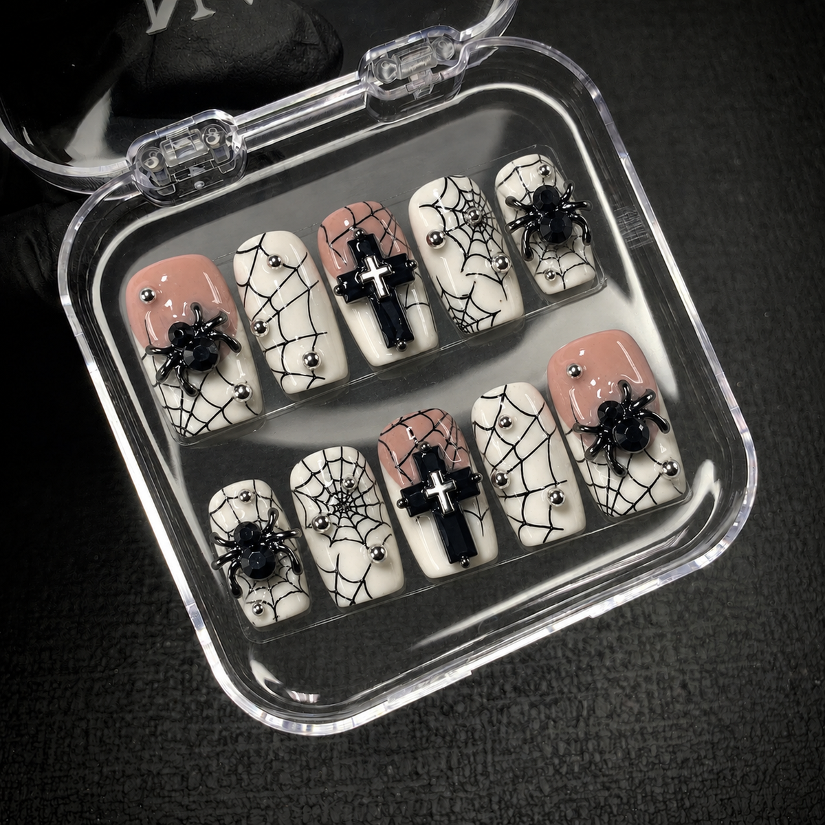 Open Nail Handy package box presenting the Eternal Web press-on nail set and its included contents.