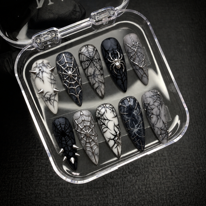 Open Nail Handy package presentation for the Midnight Web Press-On Nails set and included materials.