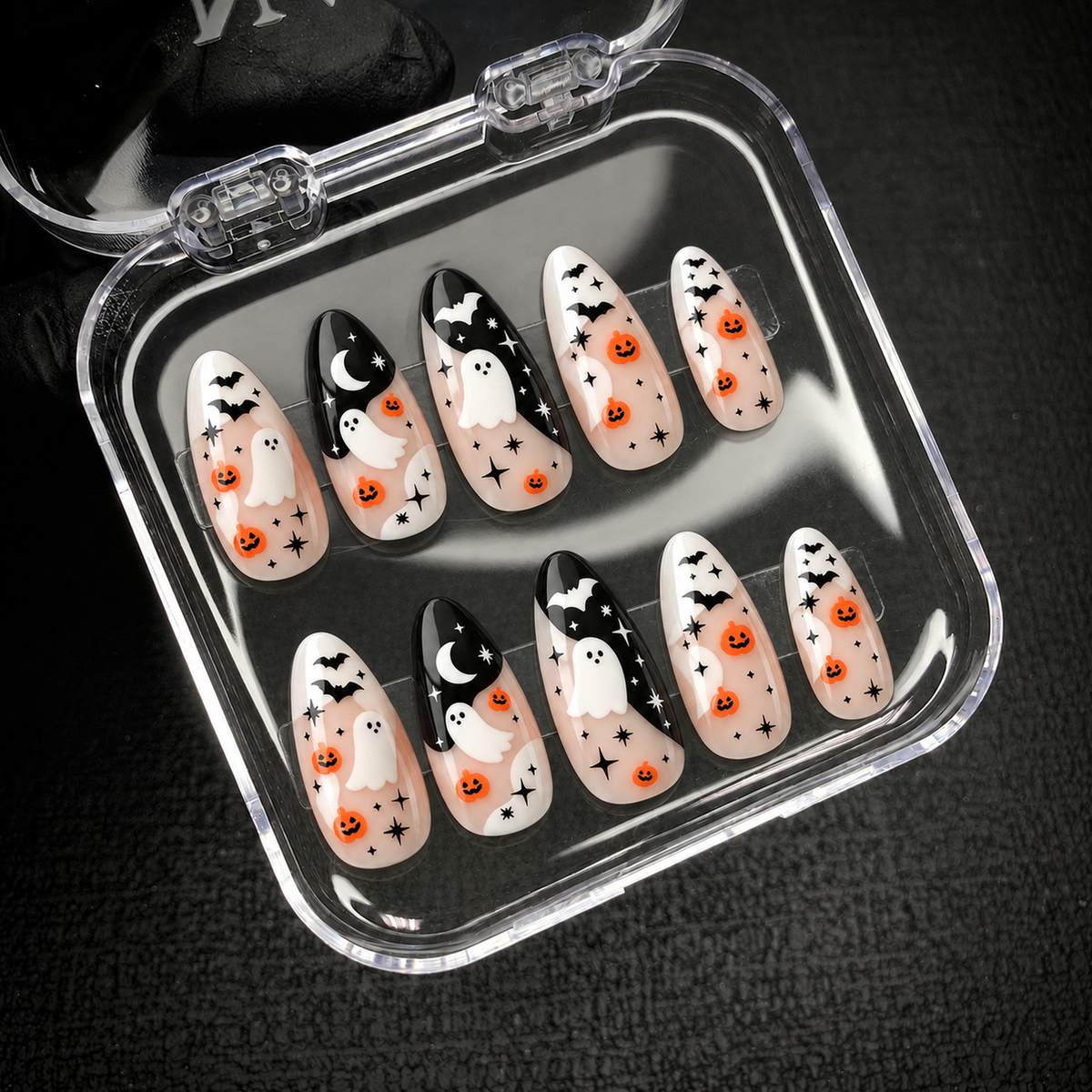 Open Nail Handy package box displaying the Moonlit Ghost Parade press-on nail set.