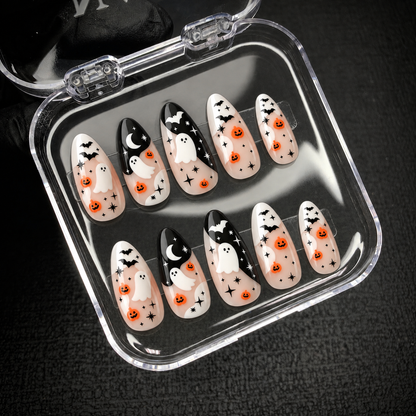 Open Nail Handy package box displaying the Moonlit Ghost Parade press-on nail set.