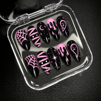 Open Nail Handy package displaying the Pink Midnight Web press-on nail set and included presentation materials.