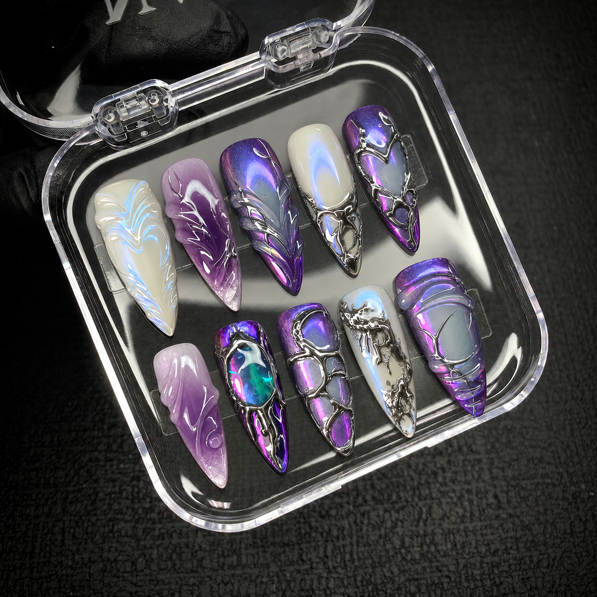 Open Nail Handy package box presenting the Mystic Chrome Galaxy press-on nail set.