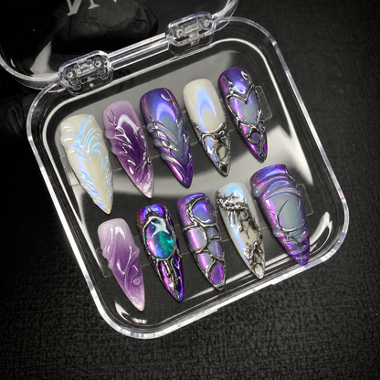 Open Nail Handy package box presenting the Mystic Chrome Galaxy press-on nail set.