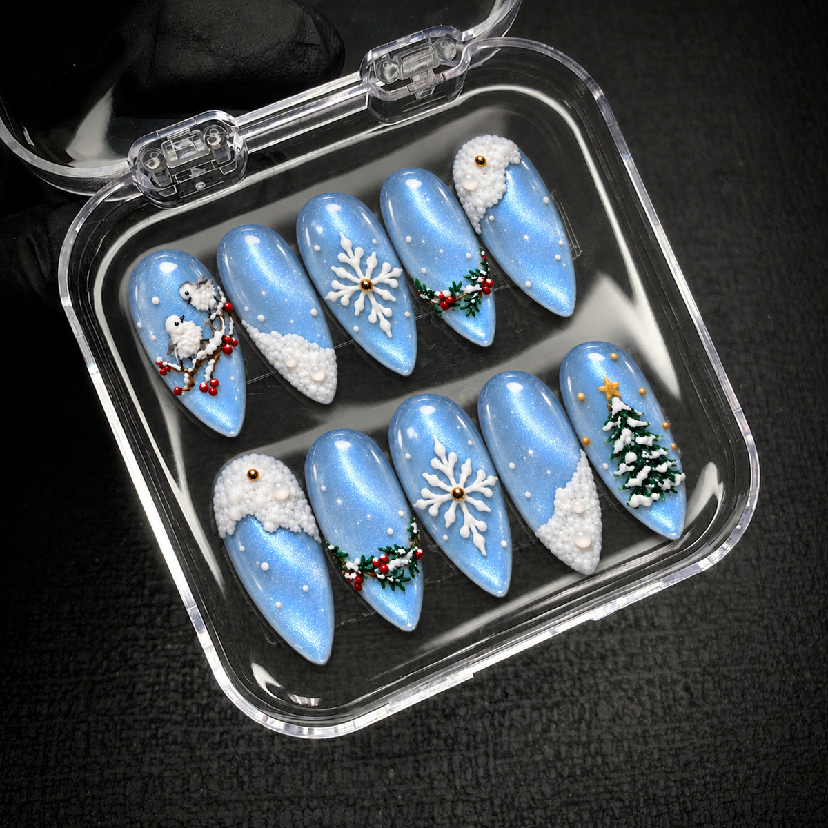 Open clear package displaying ten coordinated icy blue winter nails with birds, snowflakes, snowy accents, evergreen berries, and a tree.
