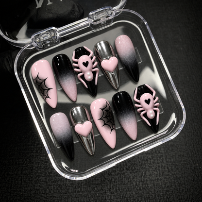 Open Nail Handy package displaying the Blush Web Spider press-on nail set and included presentation materials.