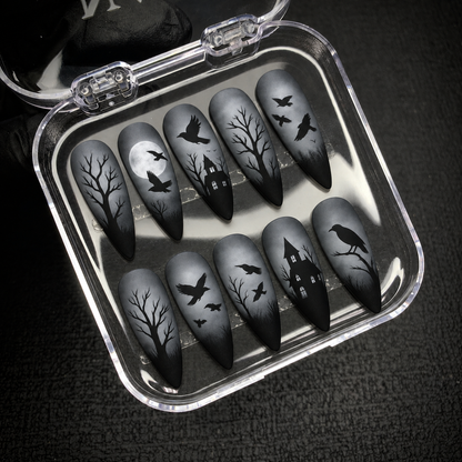 Open Nail Handy package displaying the Witchy Raven press-on nail set.