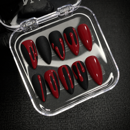 Open Nail Handy package box presenting the Crimson Drip press-on nail set.
