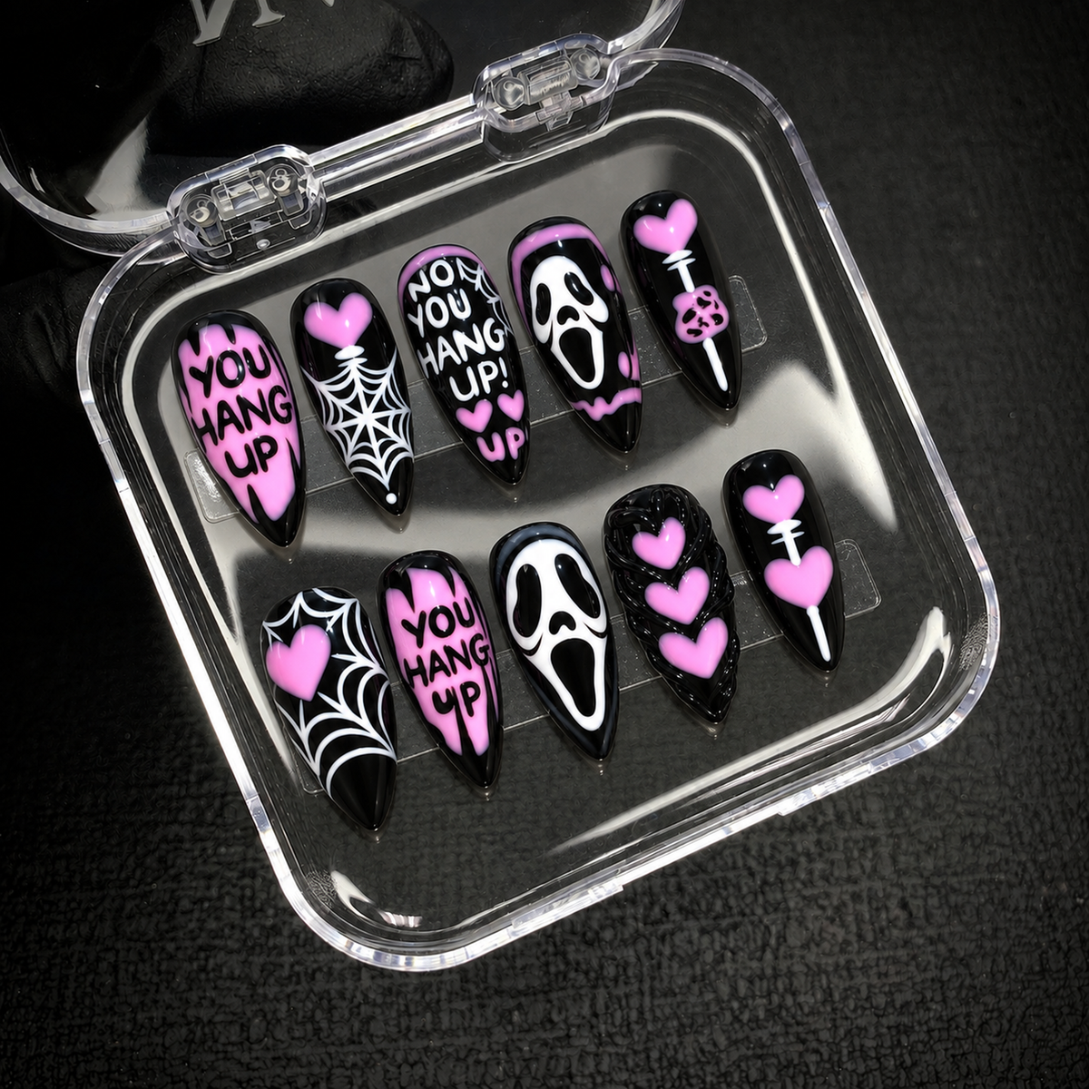 Open Nail Handy package box presenting the Pink Midnight Web press-on nail set.