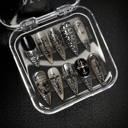 Open Nail Handy package displaying the Chrome Cathedral press-on nail set and included presentation materials.