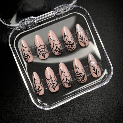 Open Nail Handy package box containing the Midnight Webline press-on nail set.
