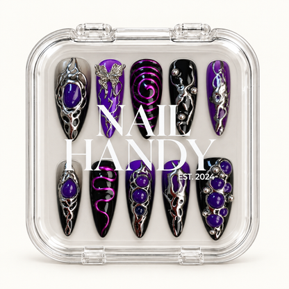 Nail Handy branded package box for the Midnight Violet Flutter press-on nail set.