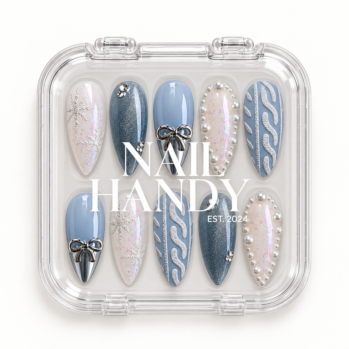 Clear Nail Handy case showing ten Frosted Blue Bow nails arranged in two rows beneath the branded lid.