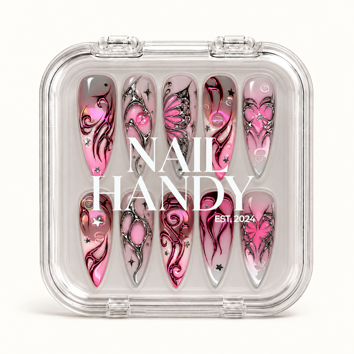 Closed clear Nail Handy case displaying ten coordinated nails with pink butterfly motifs, silver outlines, magenta curves, and small stars.
