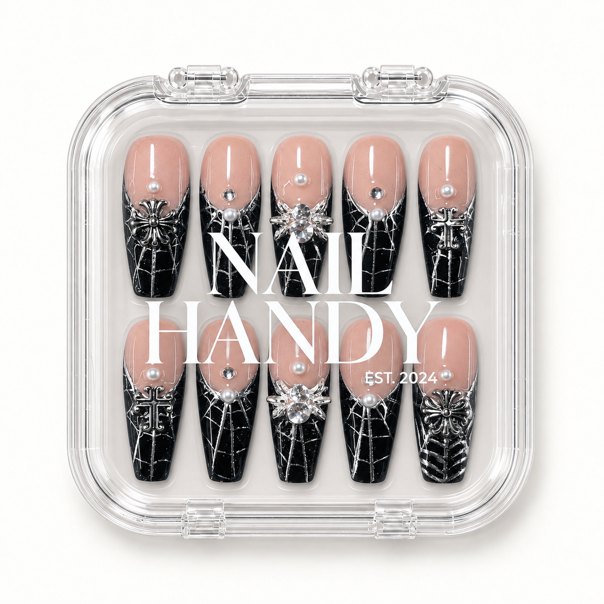 Nail Handy branded package box for the Silver Widow press-on nail set.