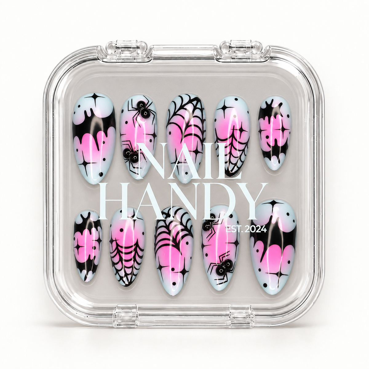 Nail Handy branded package box for the Neon Web Drip press-on nail set