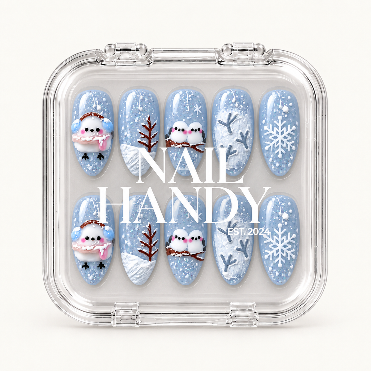 Clear presentation case displaying ten blue winter nails beneath Nail Handy lettering.