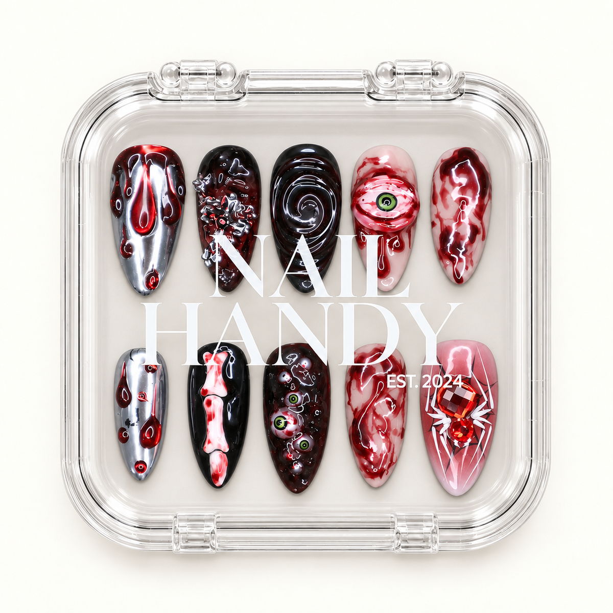 Nail Handy branded package box for the Crimson Eyeball Halloween press-on nail set.