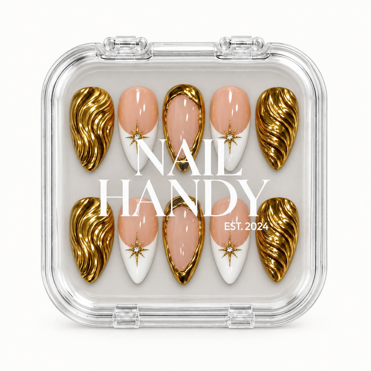 Closed clear Nail Handy case displaying ten coordinated peach, white, and metallic gold nails beneath white lettering on the lid.