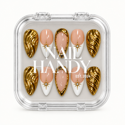 Closed clear Nail Handy case displaying ten coordinated peach, white, and metallic gold nails beneath white lettering on the lid.