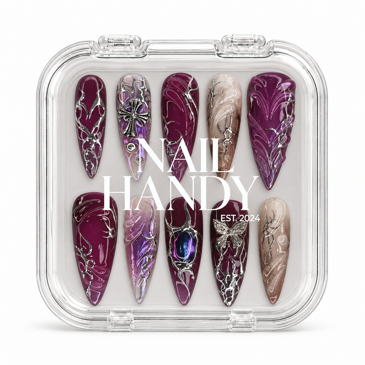 Nail Handy branded package box for the Amethyst Relic press-on nail set.