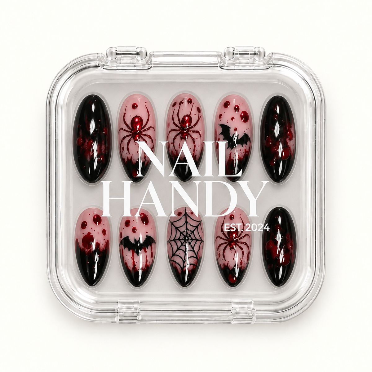 Nail Handy branded package for the Crimson Web press-on nail set.