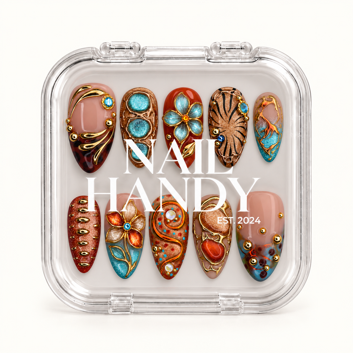Closed clear Nail Handy case displaying ten coordinated floral and abstract nails beneath white branding.