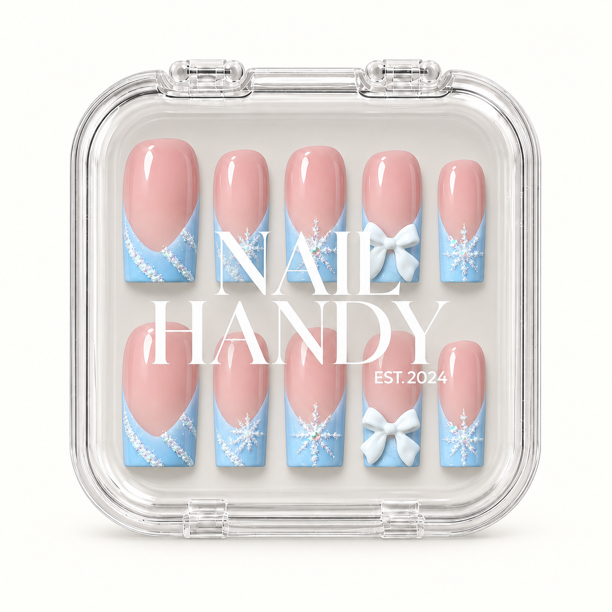 Clear Nail Handy case displaying ten pink and icy blue press-on nails beneath the branded lid.