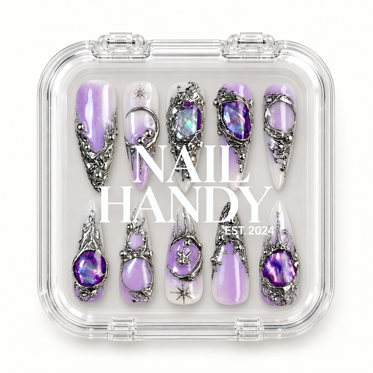 Nail Handy branded package for the Violet Relic handmade press-on nail set.