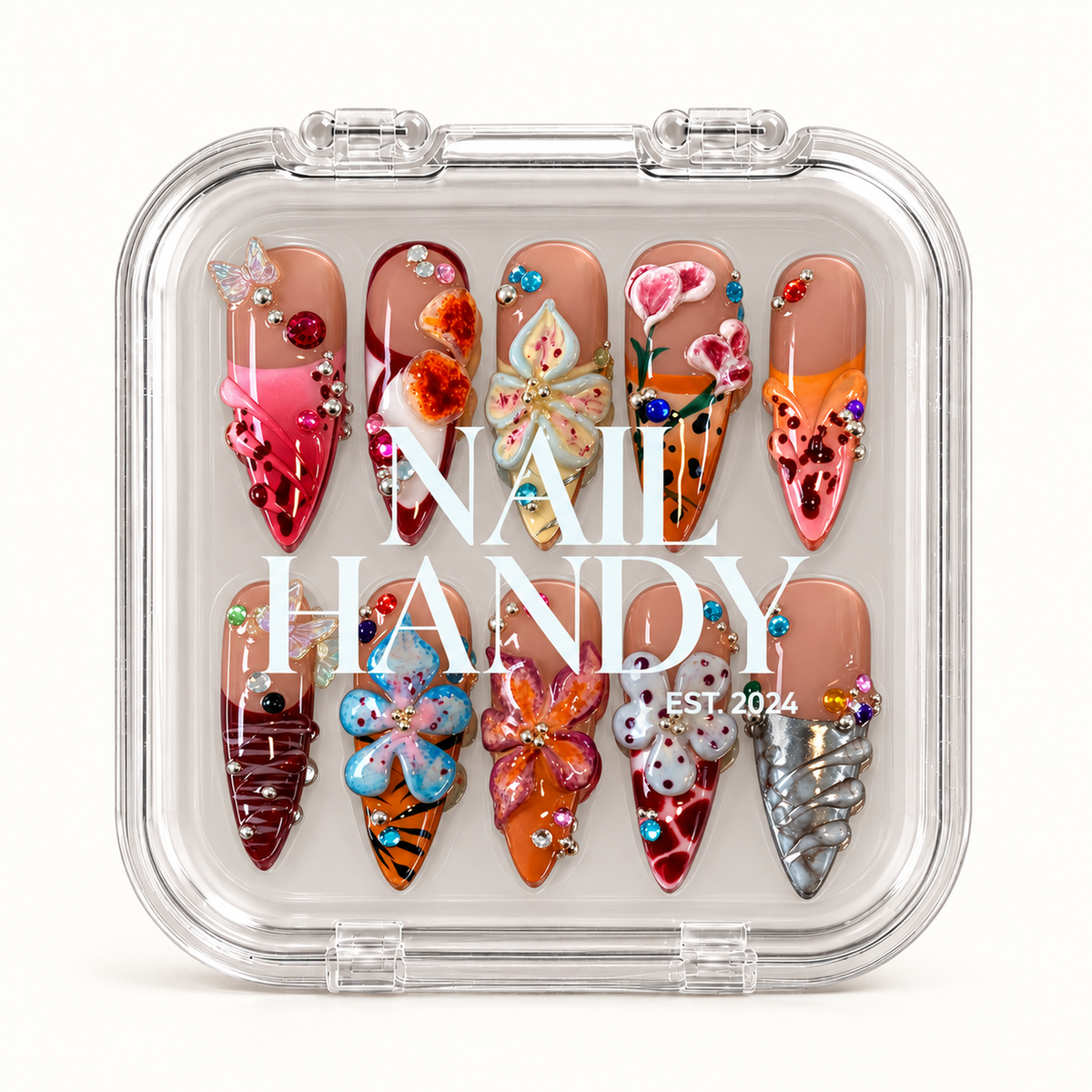 Closed clear Nail Handy case displaying ten decorated nails with raised flowers, butterfly accents, colorful gems, and silver-tone details.