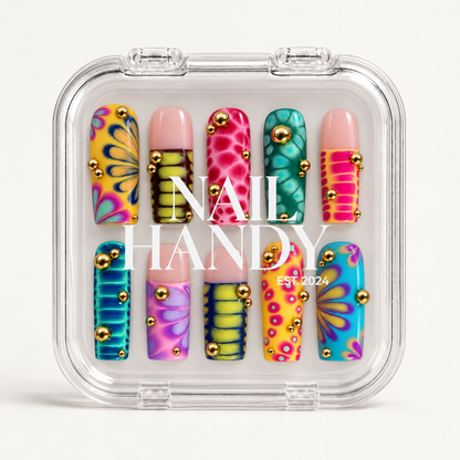 Clear closed case with white Nail Handy branding displaying ten multicolor patterned nails with blush-pink sections and gold-tone accents.