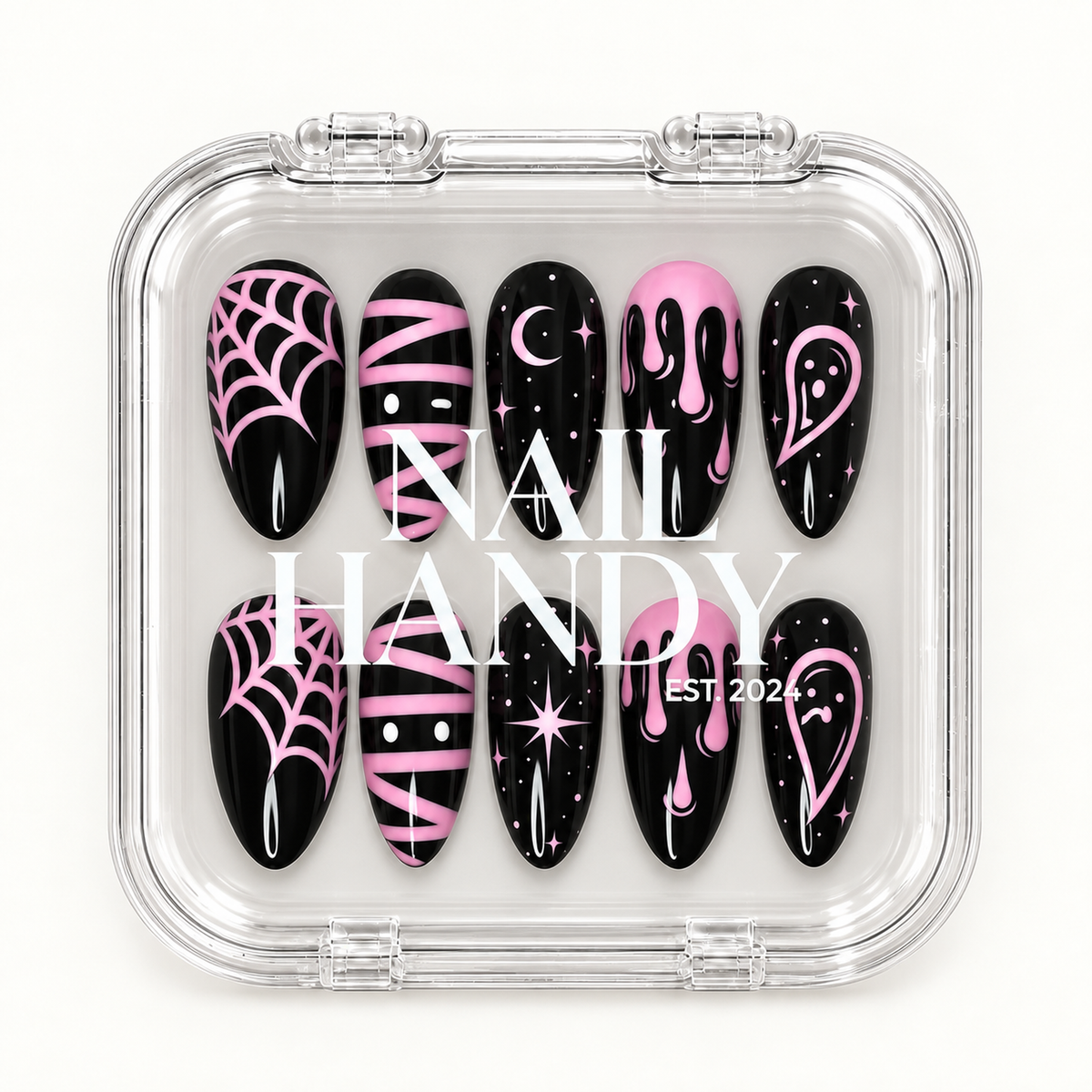 Nail Handy branded package prepared for the Pink Midnight Web press-on nail set.