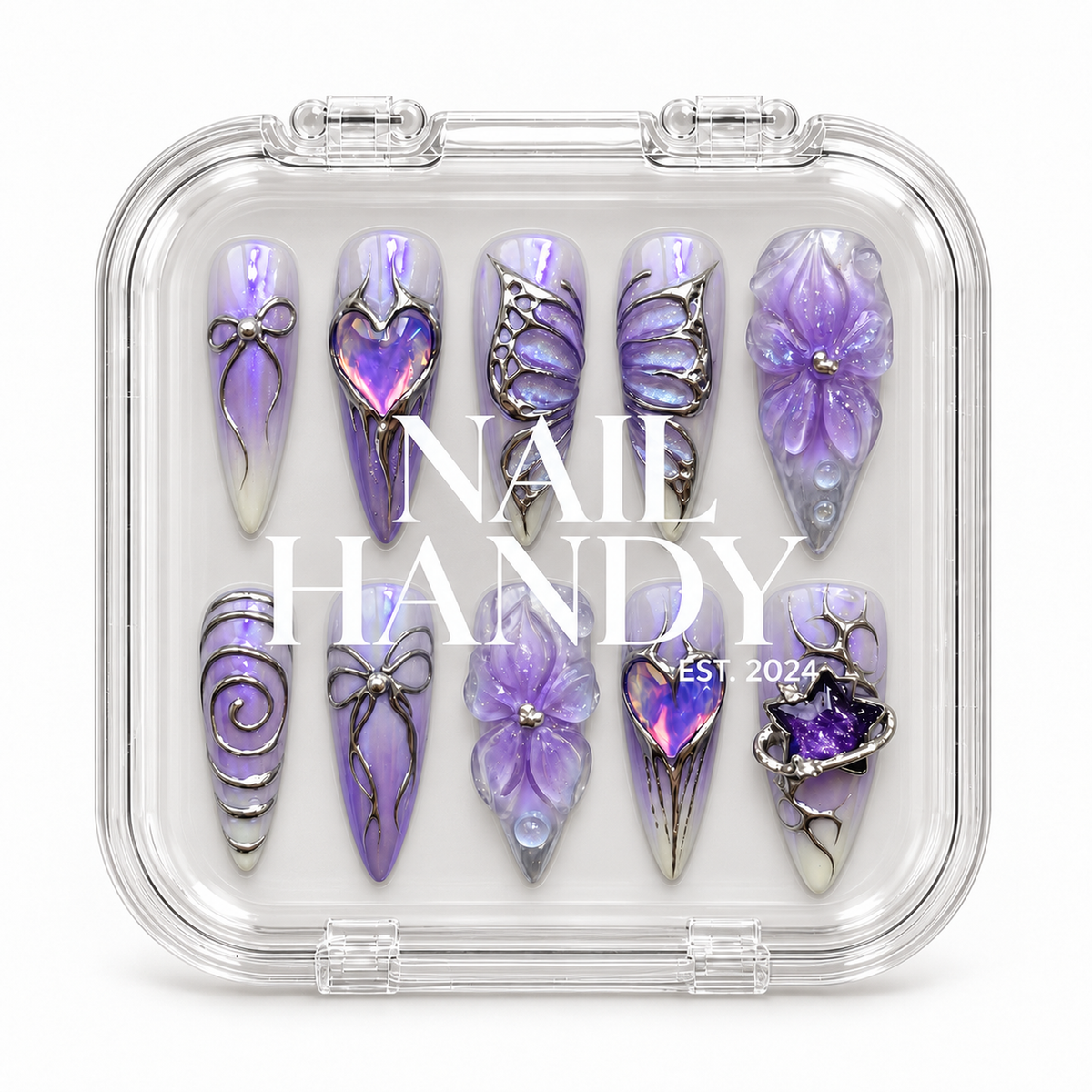 Nail Handy branded package box for the Lavender Orbit press-on nail set.
