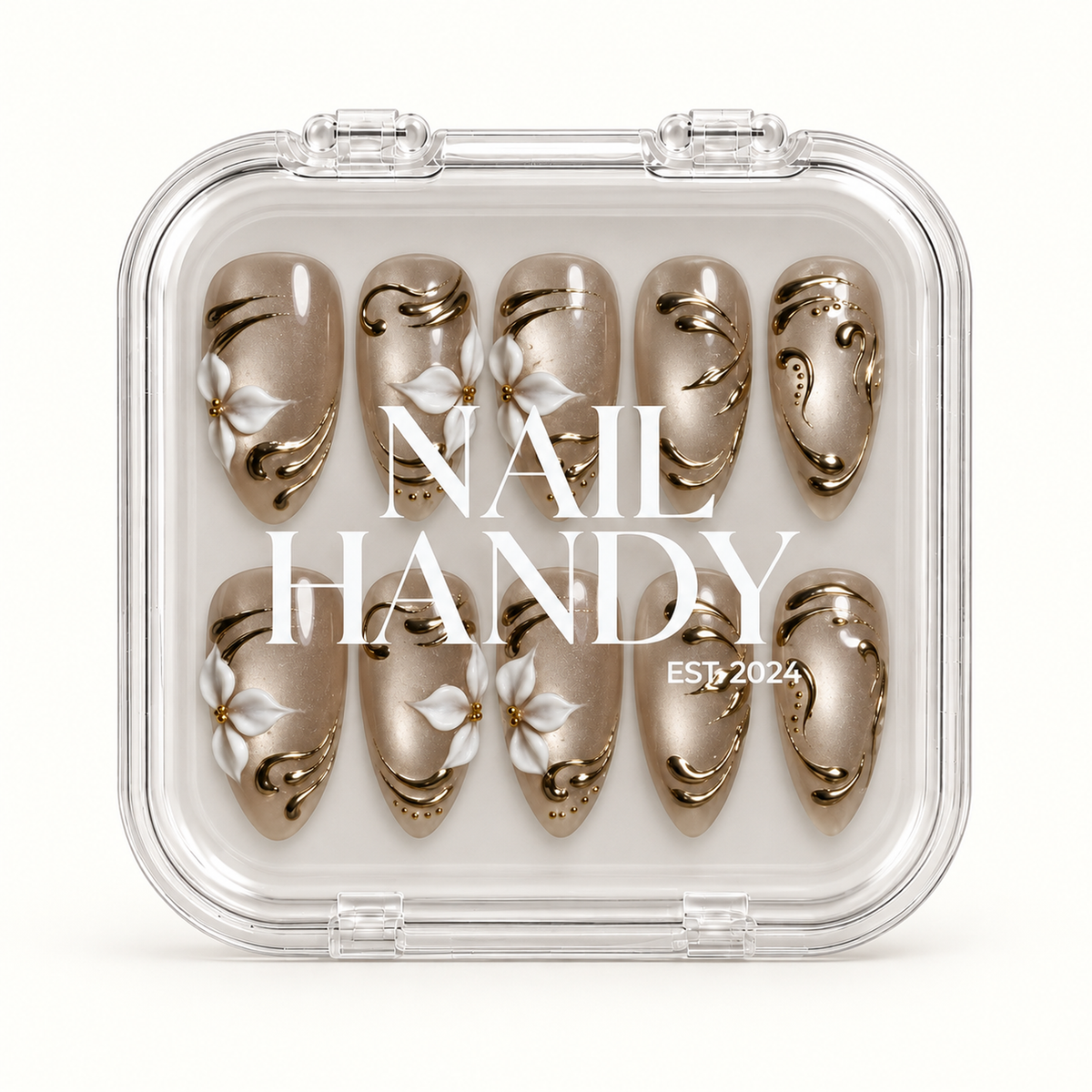 Closed clear case with white Nail Handy lettering, displaying ten coordinated taupe-greige nails with white flowers and gold-tone accents.