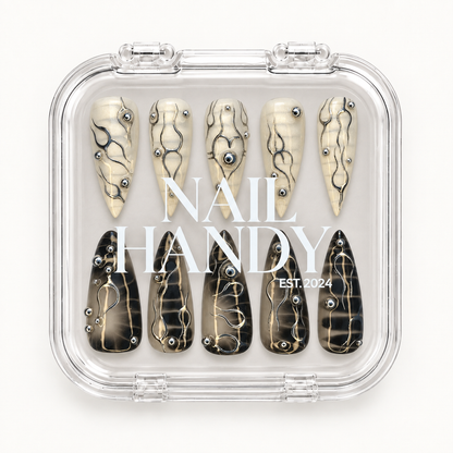 Closed Nail Handy package box for the Chrome Circuit press-on nail set.