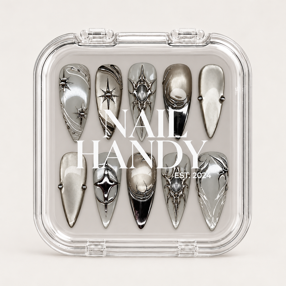 Closed clear Nail Handy case displaying ten silver and gray pointed nails beneath white branding on the lid.