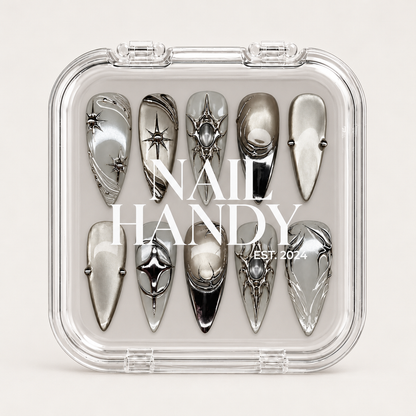 Closed clear Nail Handy case displaying ten silver and gray pointed nails beneath white branding on the lid.