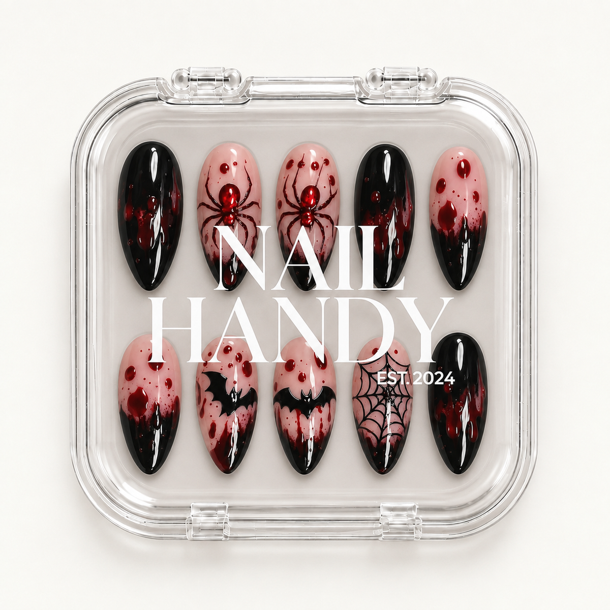 Nail Handy branded package for the Crimson Web press-on nail set.