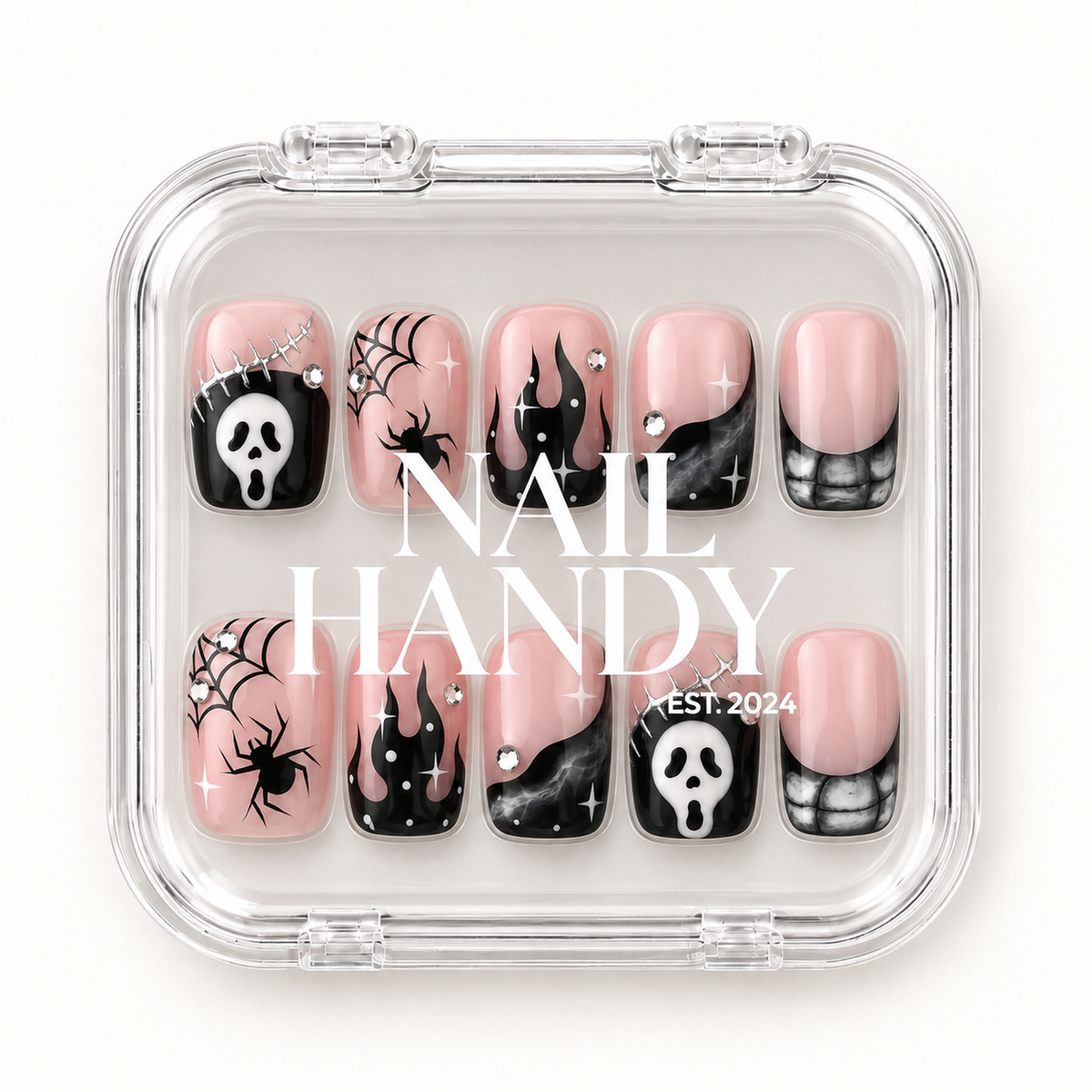 Nail Handy branded package box for the Blush Web Fright press-on nail set.