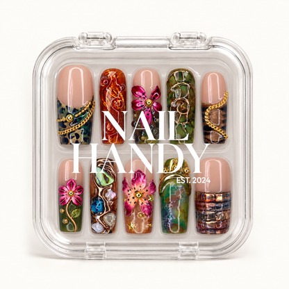 Closed clear Nail Handy case displaying ten coordinated floral and mosaic nails beneath white branding on a light background.