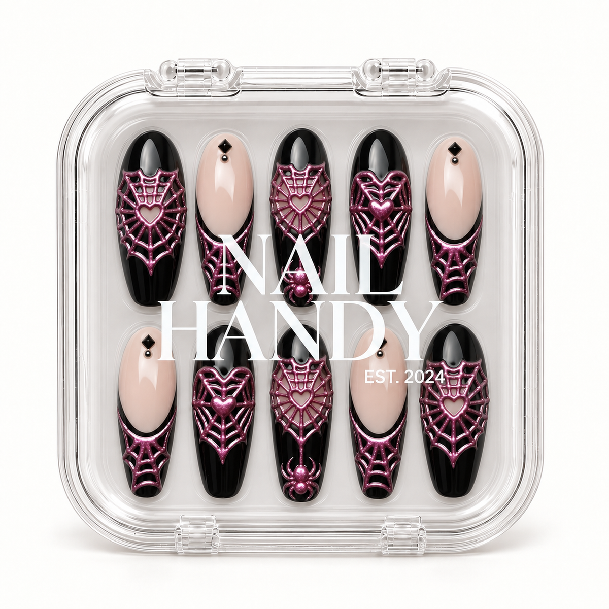Closed Nail Handy branded package box for the Pink Venom Web press-on nail set.