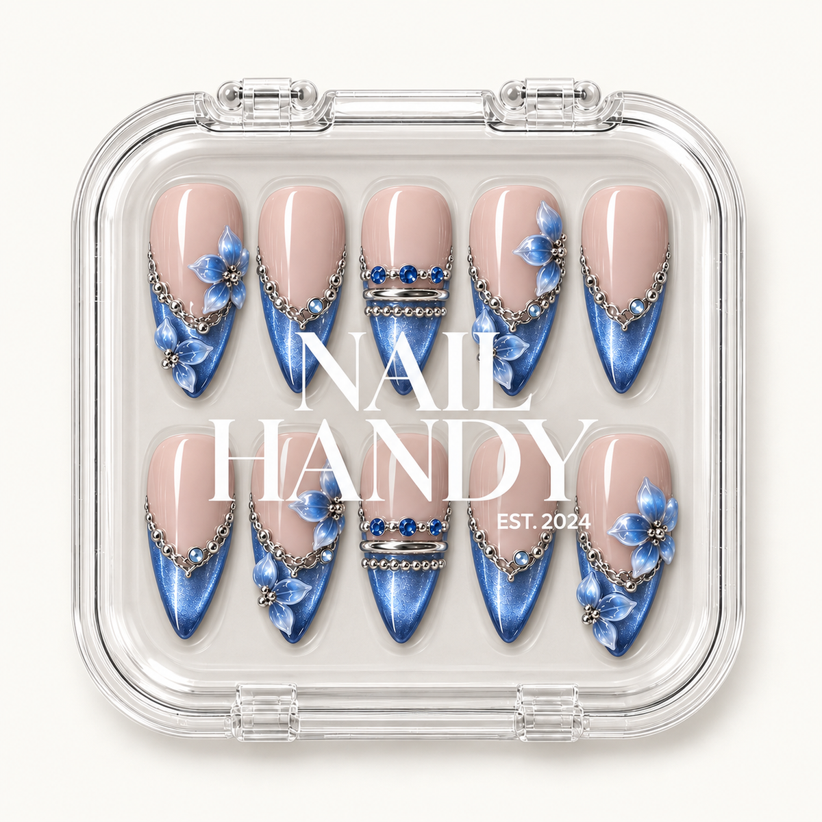 Ten blush pink and blue floral nails shown through a clear case with Nail Handy lettering across the front.