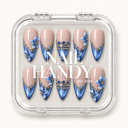 Ten blush pink and blue floral nails shown through a clear case with Nail Handy lettering across the front.