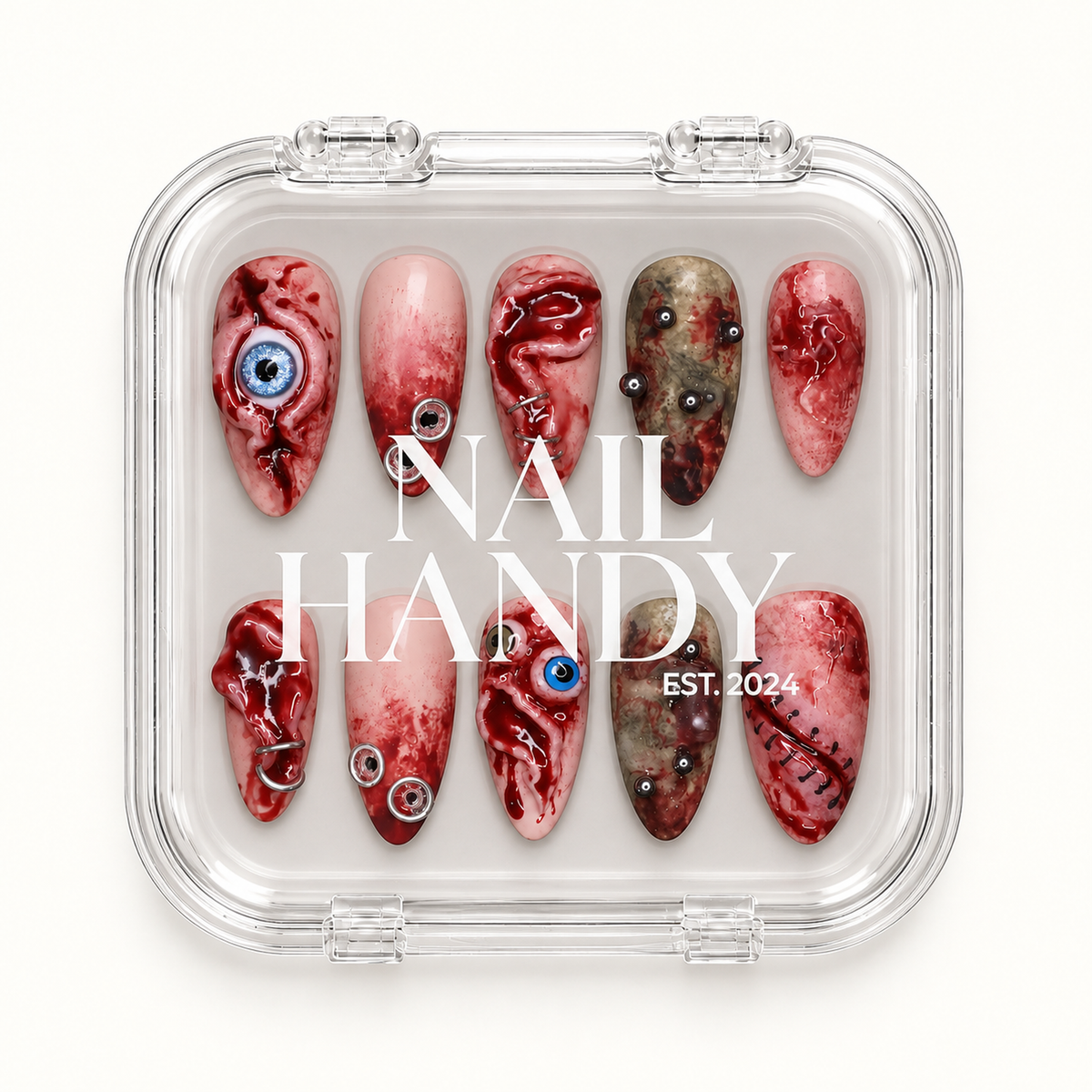 Nail Handy branded package for the Bloodshot Gaze handmade press-on nail set.