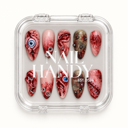 Nail Handy branded package for the Bloodshot Gaze handmade press-on nail set.