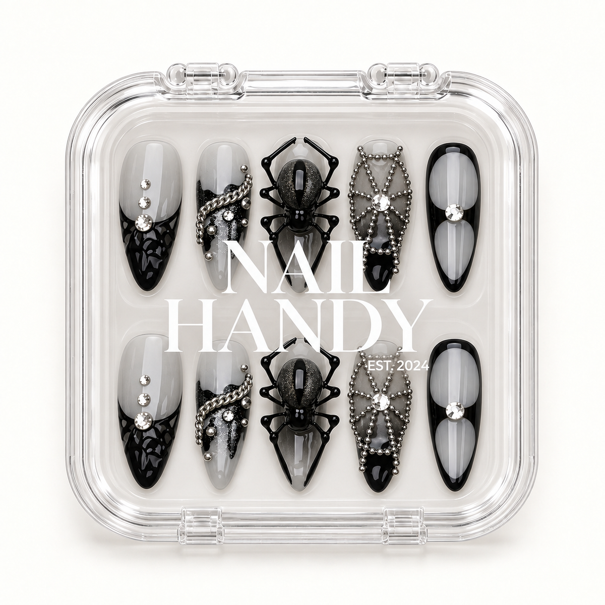 Nail Handy branded package box for the Midnight Web press-on nail set.
