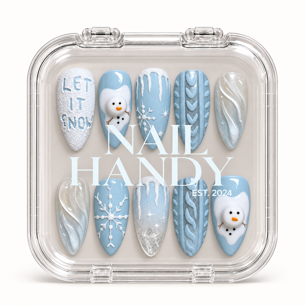 Closed clear Nail Handy case displaying ten icy blue and white winter nails with snowmen, snowflakes, sweater patterns, and pearly swirls.