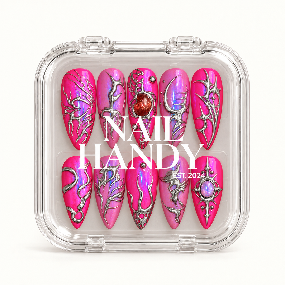 Closed clear Nail Handy case displaying ten pink nails with iridescent shimmer, silver-toned ornamentation, and red and lavender jewel-like accents.