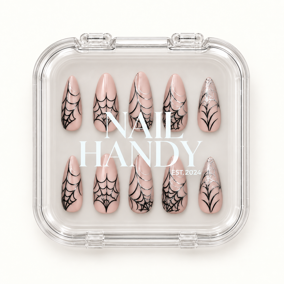 Nail Handy branded package box for the Midnight Webline press-on nail set.