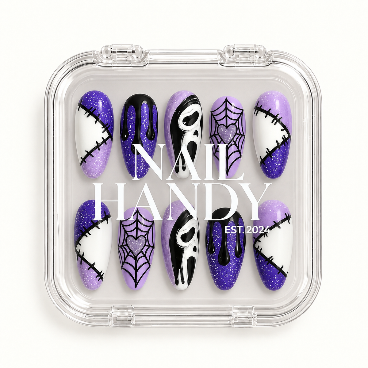 Closed Nail Handy branded package box for the Violet Stitch Web press-on nail set.